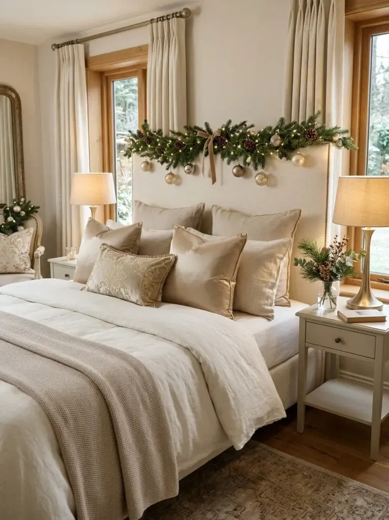 An elegant Christmas bedroom with ivory bedding, champagne-gold cushions, and subtle metallic holiday decorations.