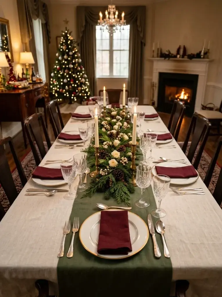 An elegant Christmas dining table featuring ivory linen, white porcelain plates with gold rims, crystal glassware, burgundy napkins, and evergreen greenery.