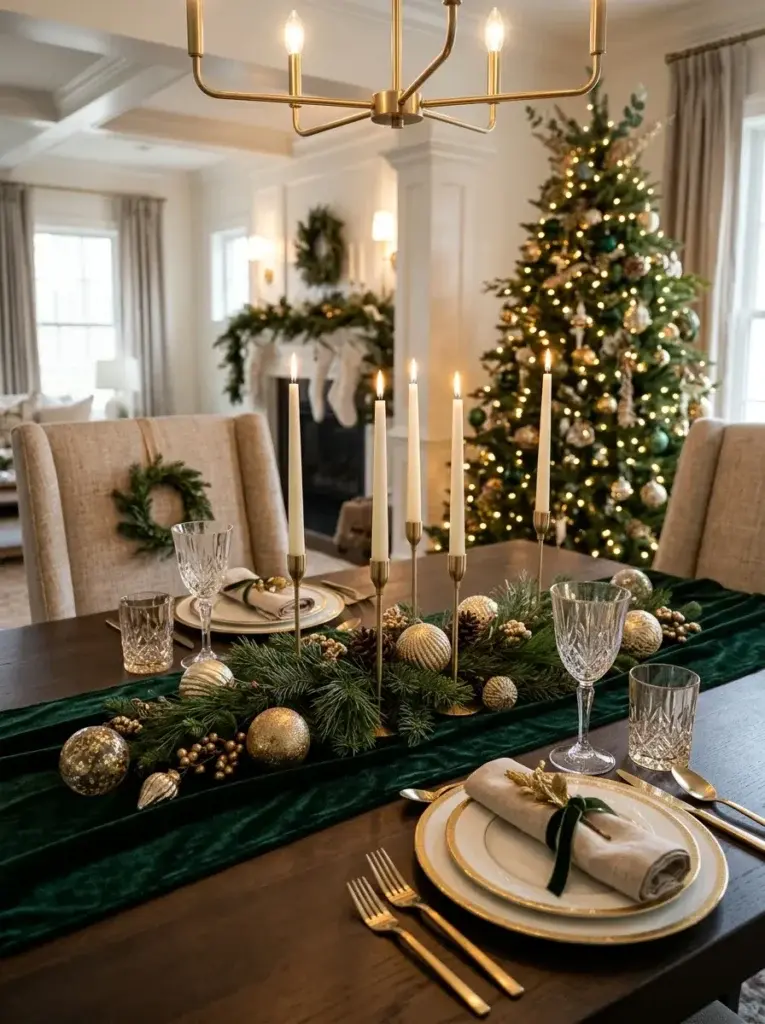 An elegant Christmas dining table with a forest-green runner, gold-rimmed plates, metallic accents, and ivory candles.