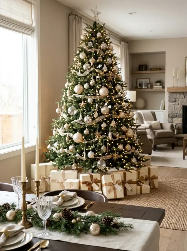 An elegant Christmas tree with champagne ornaments, bronze baubles, gold ribbon, and a coordinated ivory dining table.