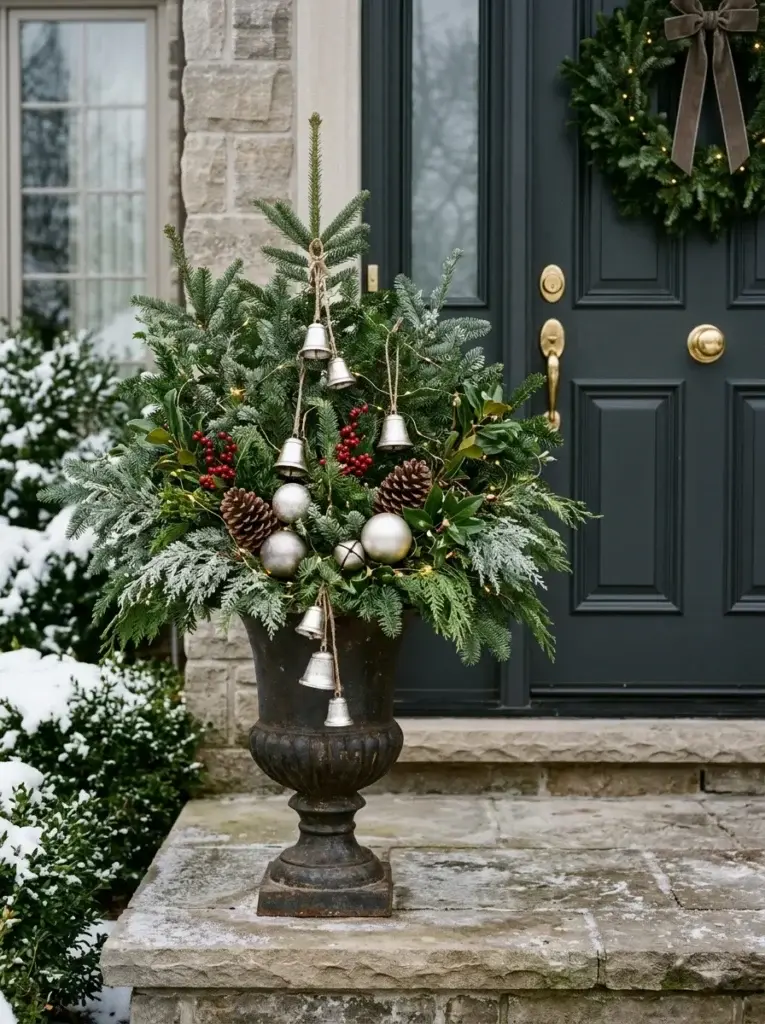 An elegant Christmas urn decorated with evergreen foliage, silver bells, pinecones, and subtle warm-white lights.