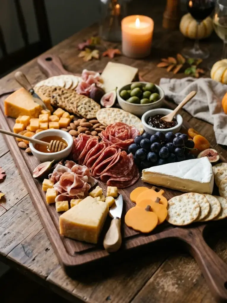 An elegant Halloween charcuterie board with cured meats, assorted cheeses, crackers, grapes, figs, olives, nuts, and pumpkin-shaped cheese.