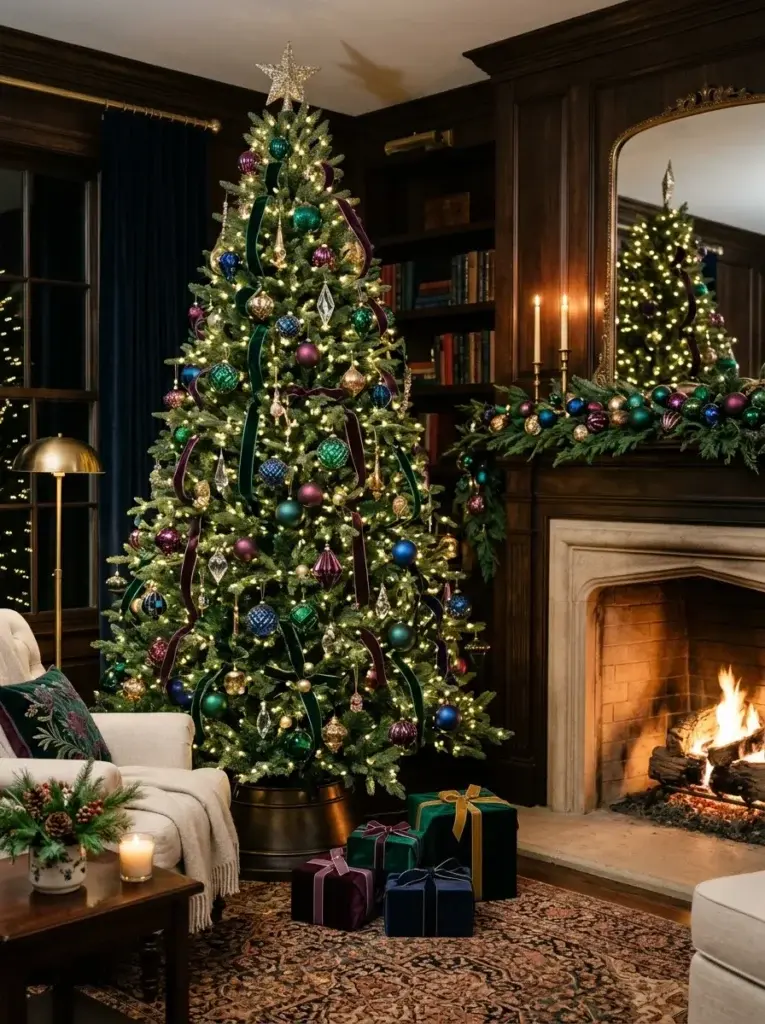 An elegant jewel-toned Christmas tree decorated with emerald, sapphire, plum, and gold ornaments in a sophisticated living room.