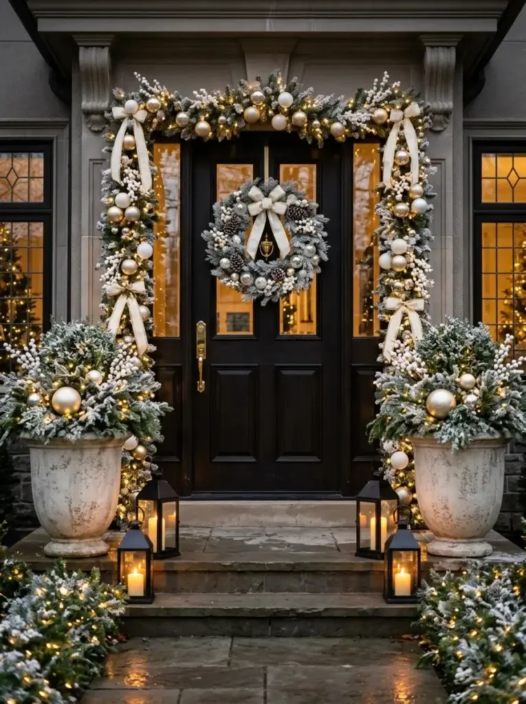 An elegant outdoor Christmas entrance with frosted greenery, ivory ribbon, gold ornaments, and warm white lights.