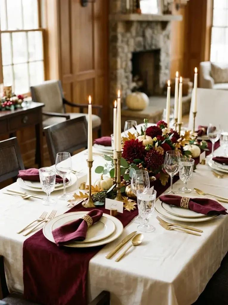 An elegant Thanksgiving table featuring burgundy velvet napkins, gold-rimmed plates, brass candleholders, and a rich autumn floral centerpiece.
