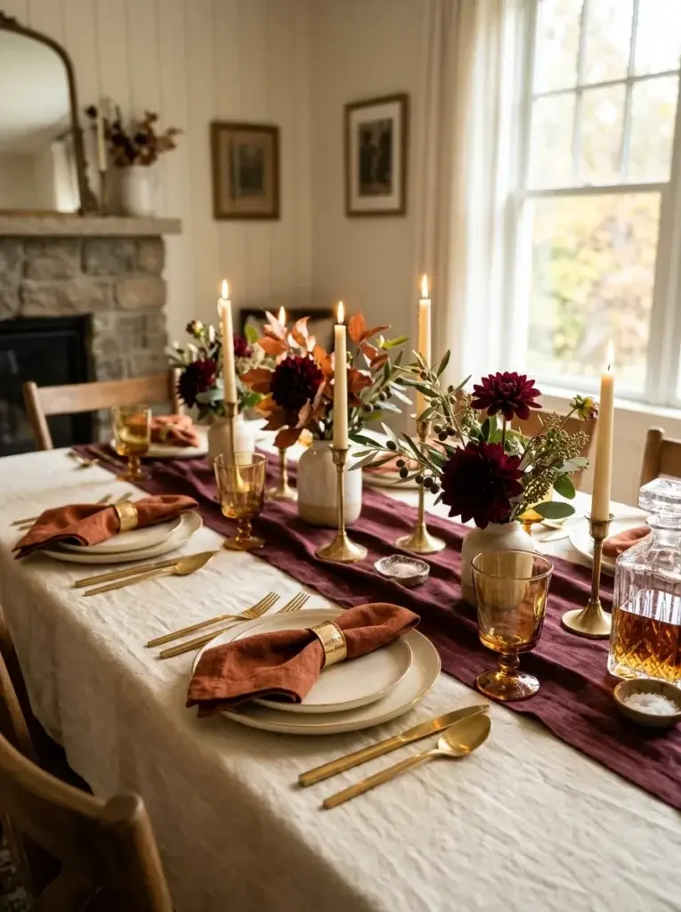 An elegant Thanksgiving tablescape with burgundy flowers, ivory plates, amber glasses, and gold table accents.