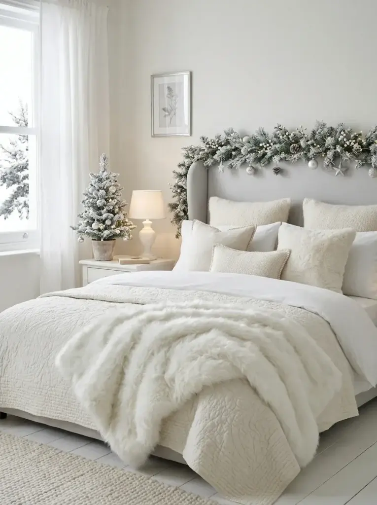 An elegant winter-white bedroom featuring layered ivory bedding, a fluffy white throw, and delicate silver Christmas decorations.