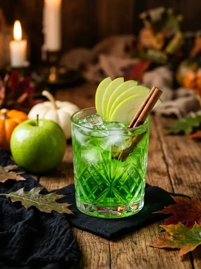 An emerald-green poison apple whiskey cocktail with fresh apple slices, cinnamon, and dark autumn decorations.