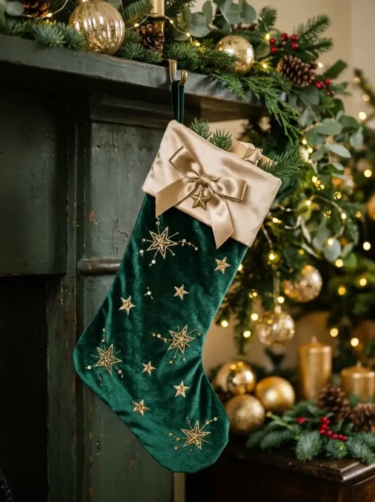 An emerald-green velvet Christmas stocking with a champagne-gold satin cuff, metallic gold stars, and a festive ribbon bow.