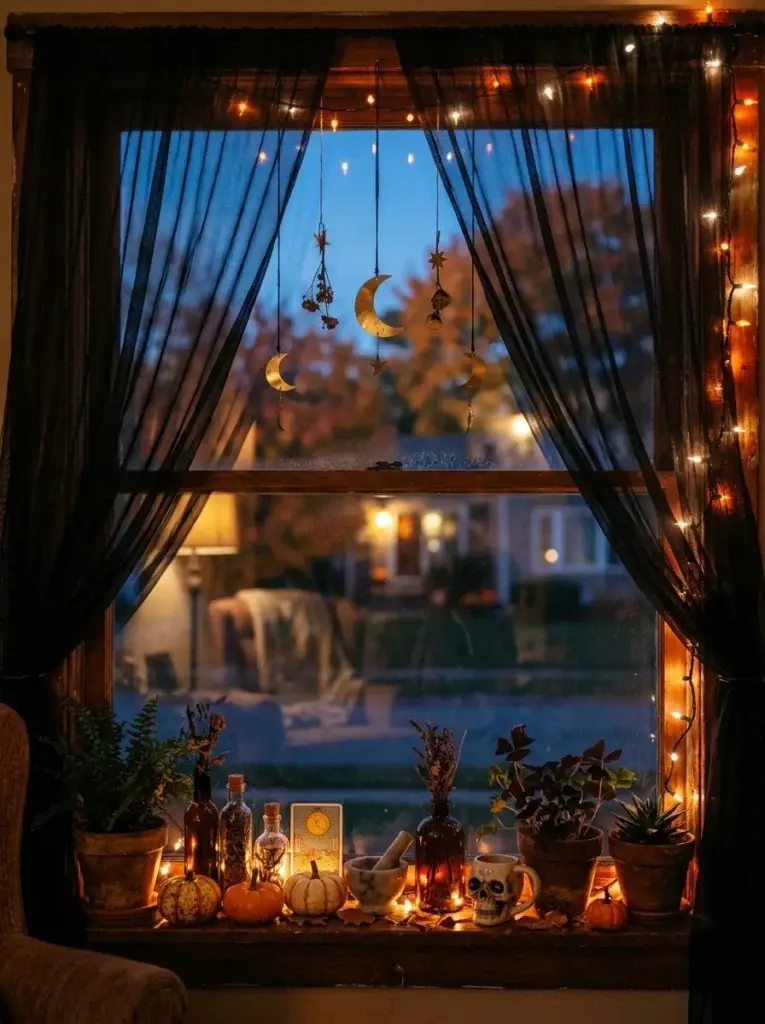 An enchanted Halloween window featuring sheer black curtains, crescent moon ornaments, warm fairy lights, amber bottles, and miniature pumpkins.