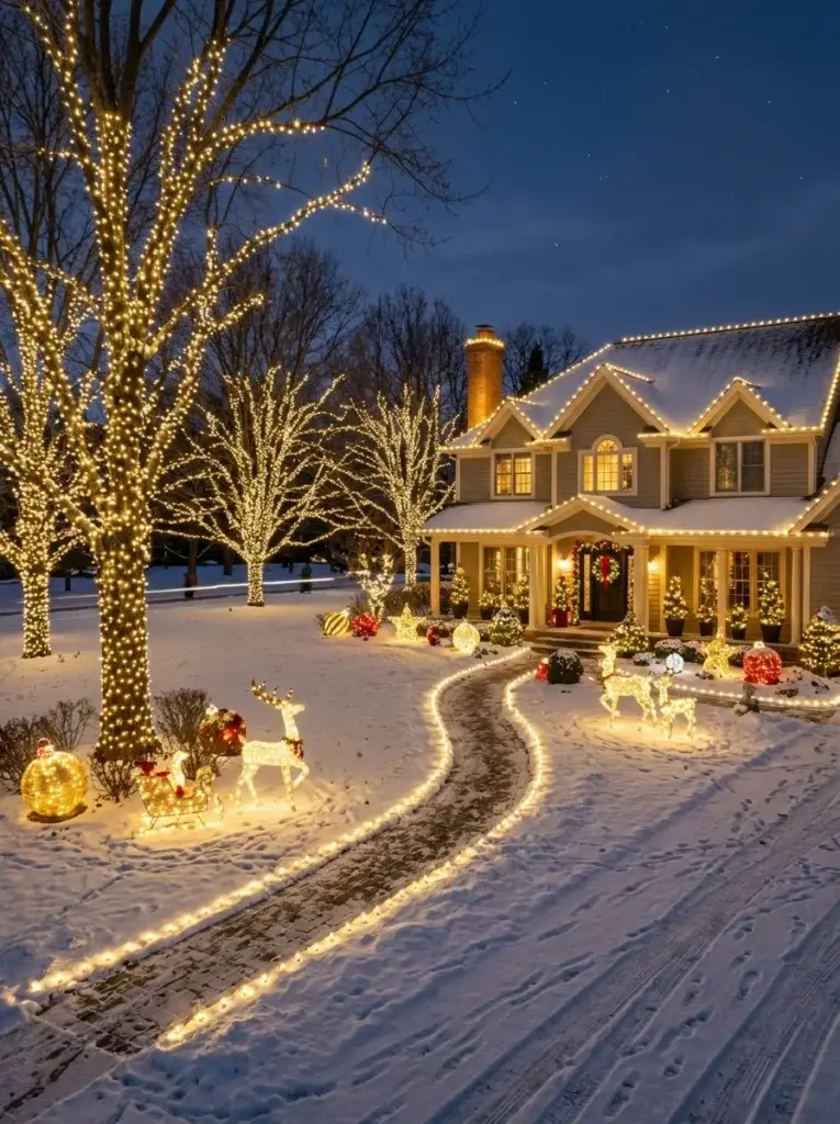 An extravagant Christmas light display featuring illuminated trees, glowing ornaments, reindeer, and a festive house exterior.