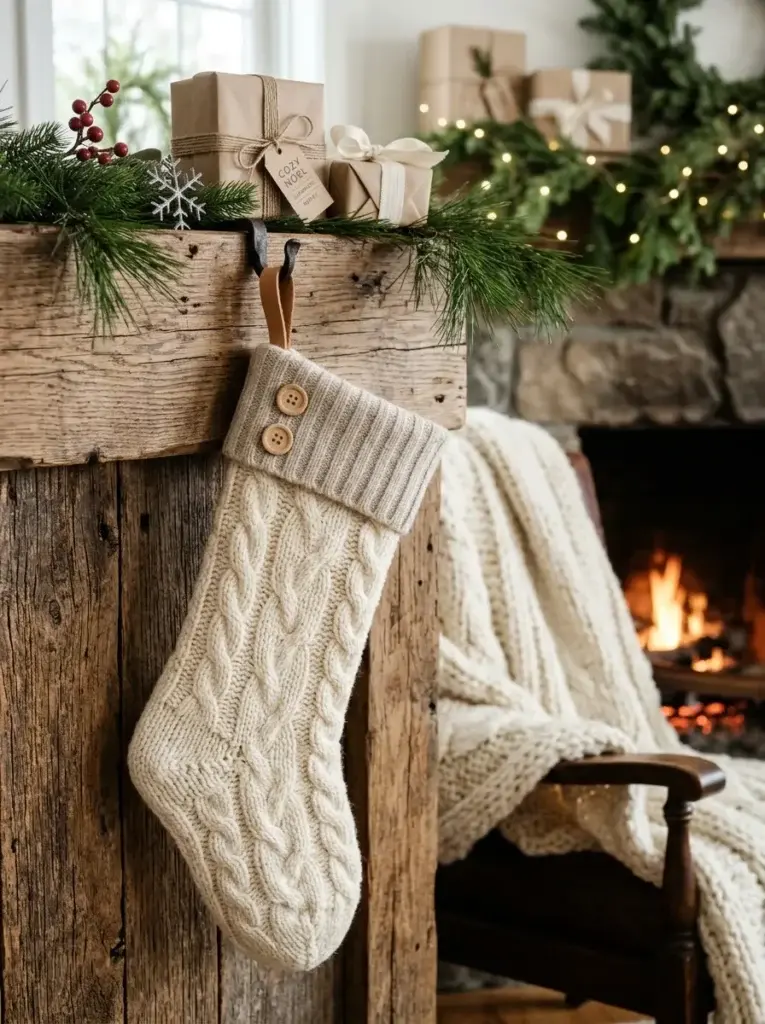 An ivory cable-knit sweater Christmas stocking with an oatmeal cuff, wooden buttons, and a simple leather hanging loop.