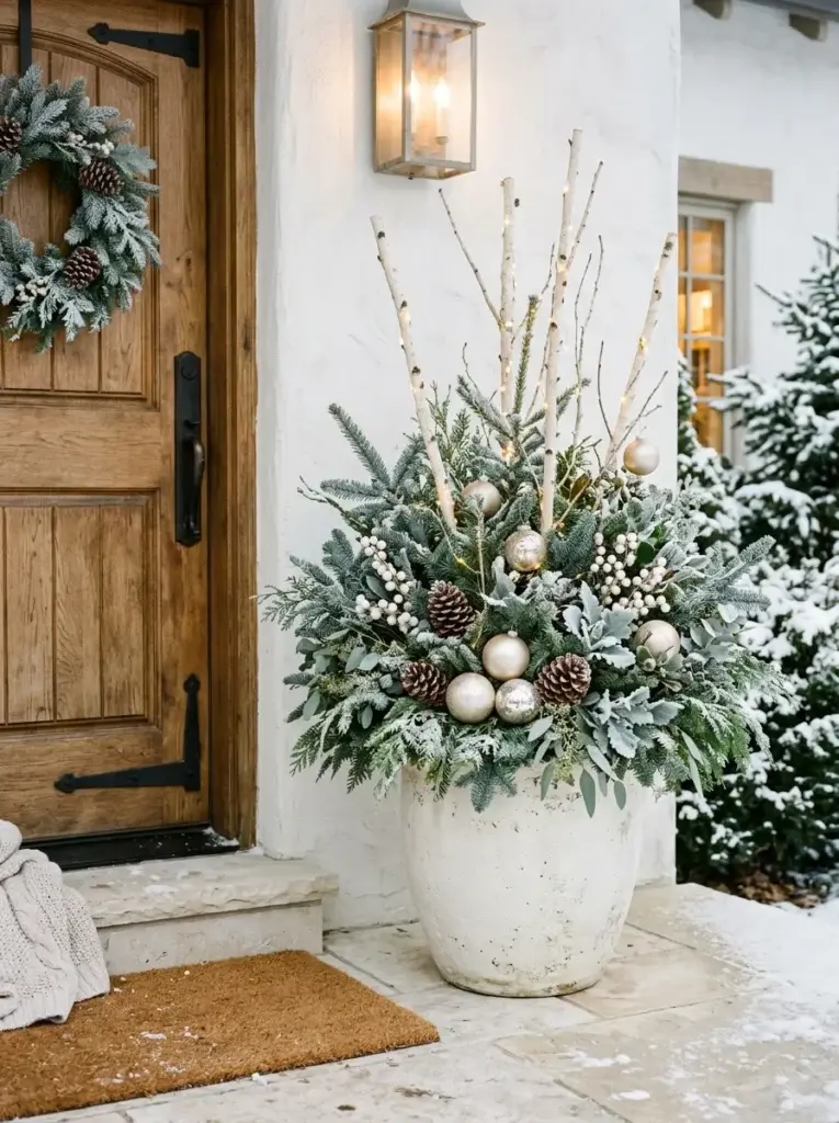 An ivory Christmas planter with frosted evergreen branches, white berries, birch stems, and champagne ornaments.