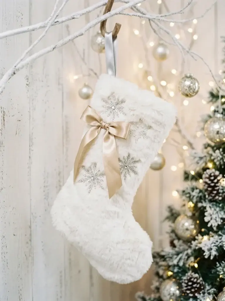 An ivory faux-fur Christmas stocking with a silver hanging loop, champagne-gold bow, and delicate winter snowflake decorations.