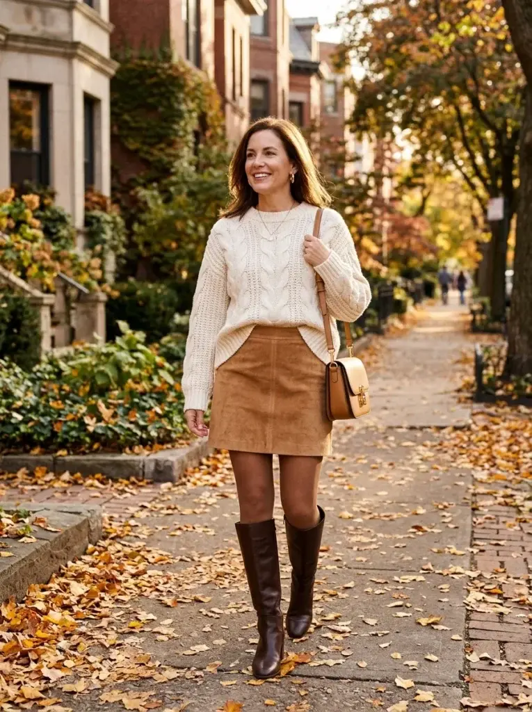 An ivory oversized sweater paired with a camel suede mini skirt, chocolate-brown knee-high boots, and a structured tan handbag.