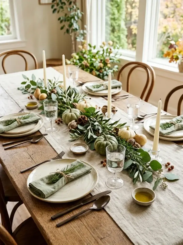 An organic Thanksgiving tablescape with eucalyptus garlands, sage napkins, cream pumpkins, olive branches, and natural ceramic dinnerware.