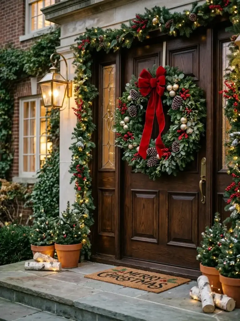 An oversized evergreen Christmas wreath with pinecones, red berries, gold accents, and a luxurious velvet bow.