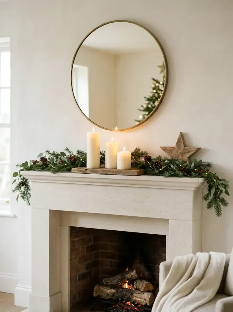 An understated Christmas mantel featuring ivory candles, a delicate evergreen garland, and a wooden star.