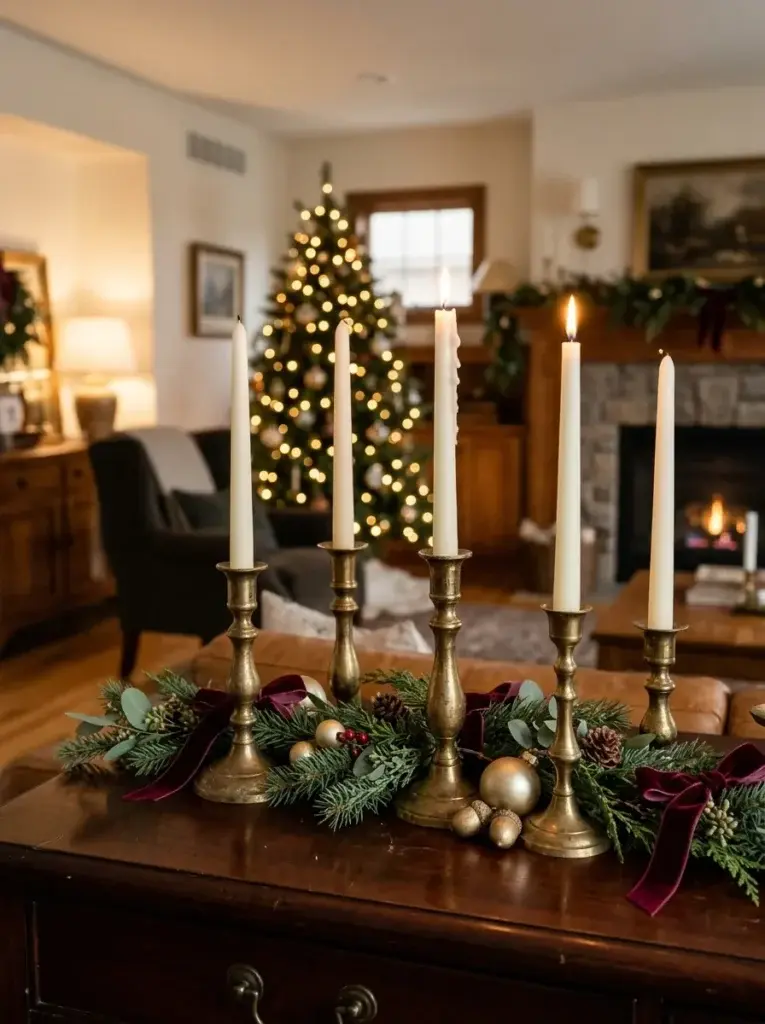 Antique-brass candlesticks with ivory taper candles and evergreen Christmas greenery on a mahogany console.