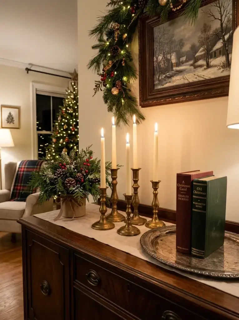 Antique brass candlesticks with ivory taper candles stand beside evergreen branches, vintage books, and an aged silver tray on a walnut sideboard.