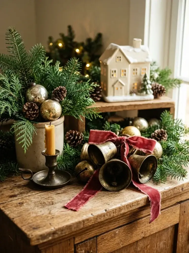 Antique brass Christmas bells, gold ornaments, evergreen branches, and red velvet ribbon arranged on a rustic wooden console.