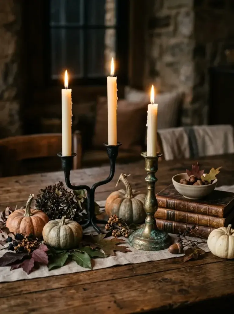Antique-style brass and black candleholders with cream tapers, autumn foliage, and small vintage pumpkins.