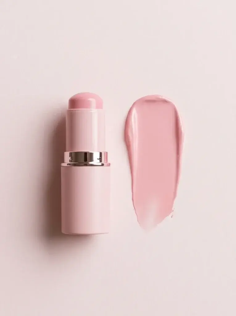 Baby-pink cream blush stick beside a smooth pink makeup swatch.