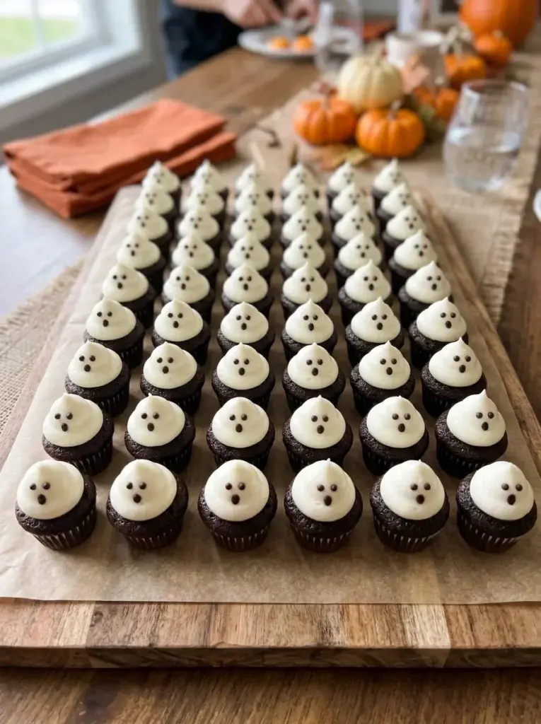 Bite-sized chocolate cupcakes decorated with miniature white frosting ghosts and tiny chocolate faces for Halloween parties.