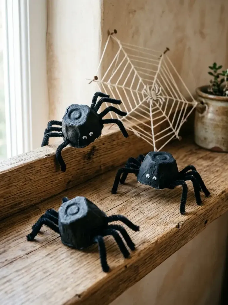 Black Halloween spiders made from recycled egg-carton cups and pipe-cleaner legs.