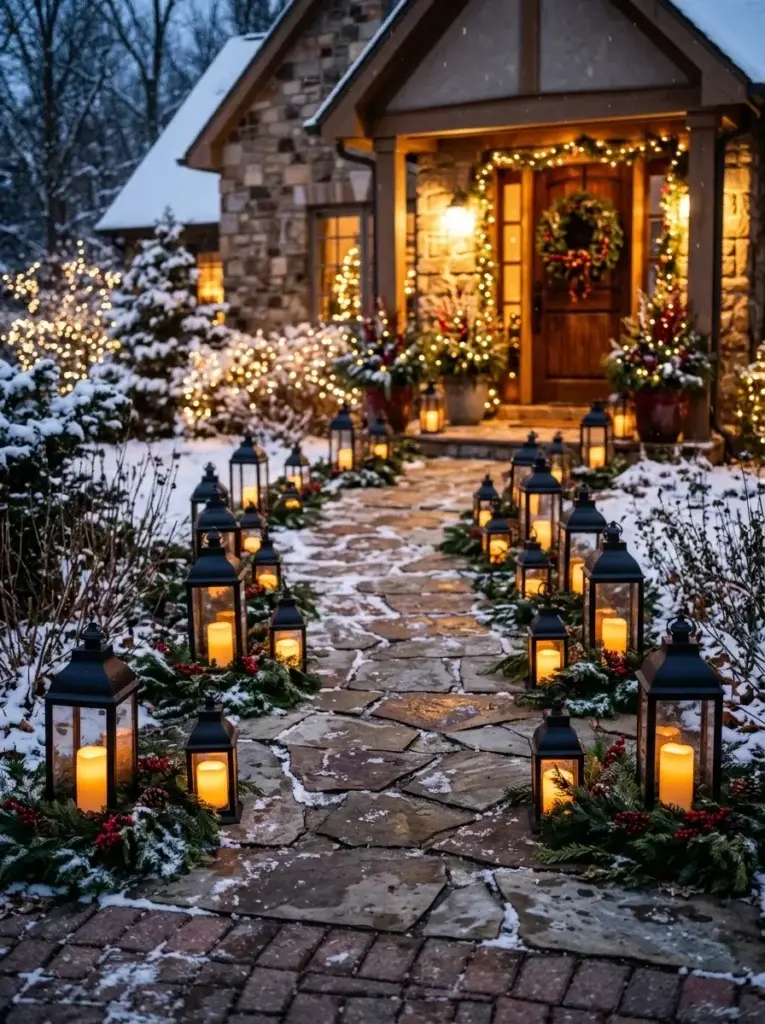 Black metal Christmas lanterns with warm candlelight and evergreen accents lining a festive front walkway.