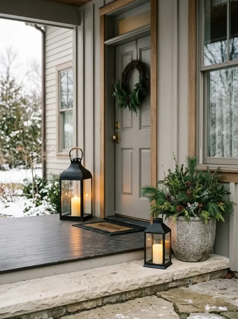 Black metal lanterns with warm LED candles beside an evergreen planter on a winter front porch.