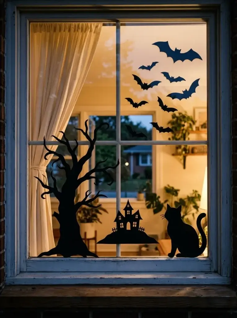 Black paper Halloween silhouettes of bats, a cat, and a crooked tree decorating a glowing window.