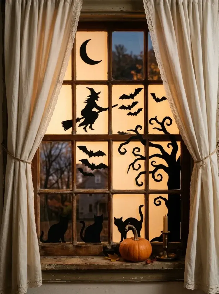 Black paper Halloween silhouettes of witches, bats, and cats displayed against a warmly illuminated window.