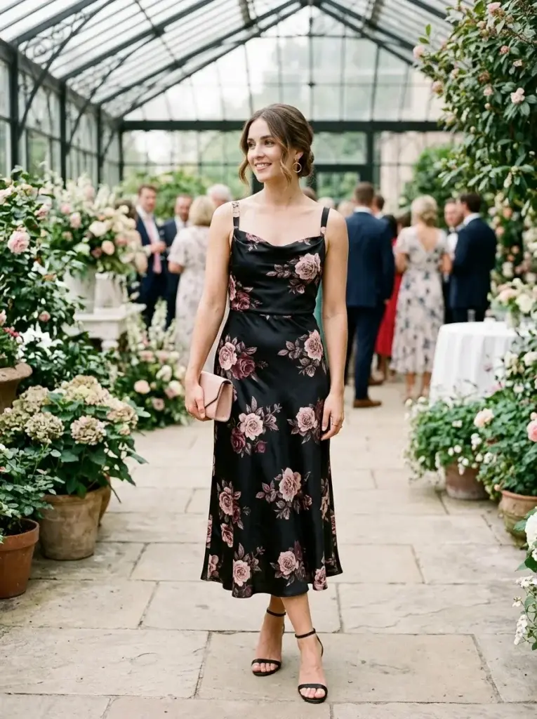 Black satin midi wedding guest dress with a blush and burgundy rose print, styled with black heels.