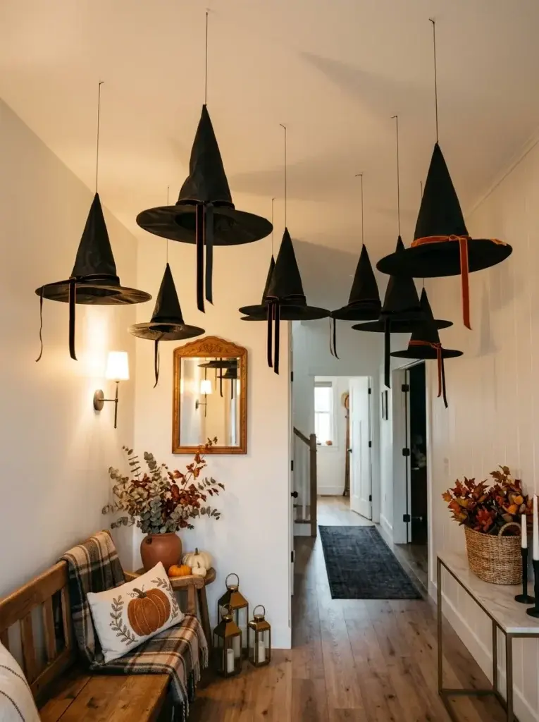 Black witch hats suspended at different heights above a decorated Halloween entryway.