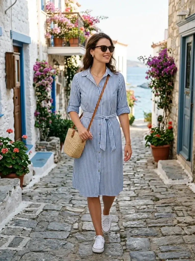 Blue-and-white striped shirt dress with white sneakers and a woven crossbody bag in a coastal village.