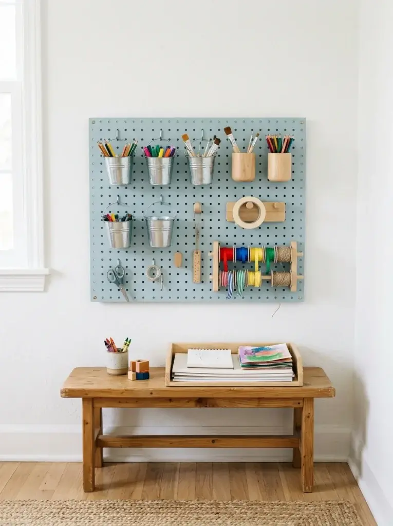 Blue pegboard wall with hanging buckets, cups of brushes and ribbon above a low bench