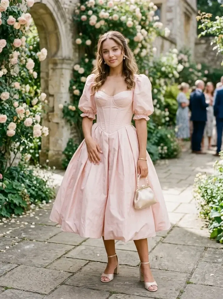 Blush-pink corset wedding guest dress with puff sleeves and a voluminous skirt in a romantic courtyard.