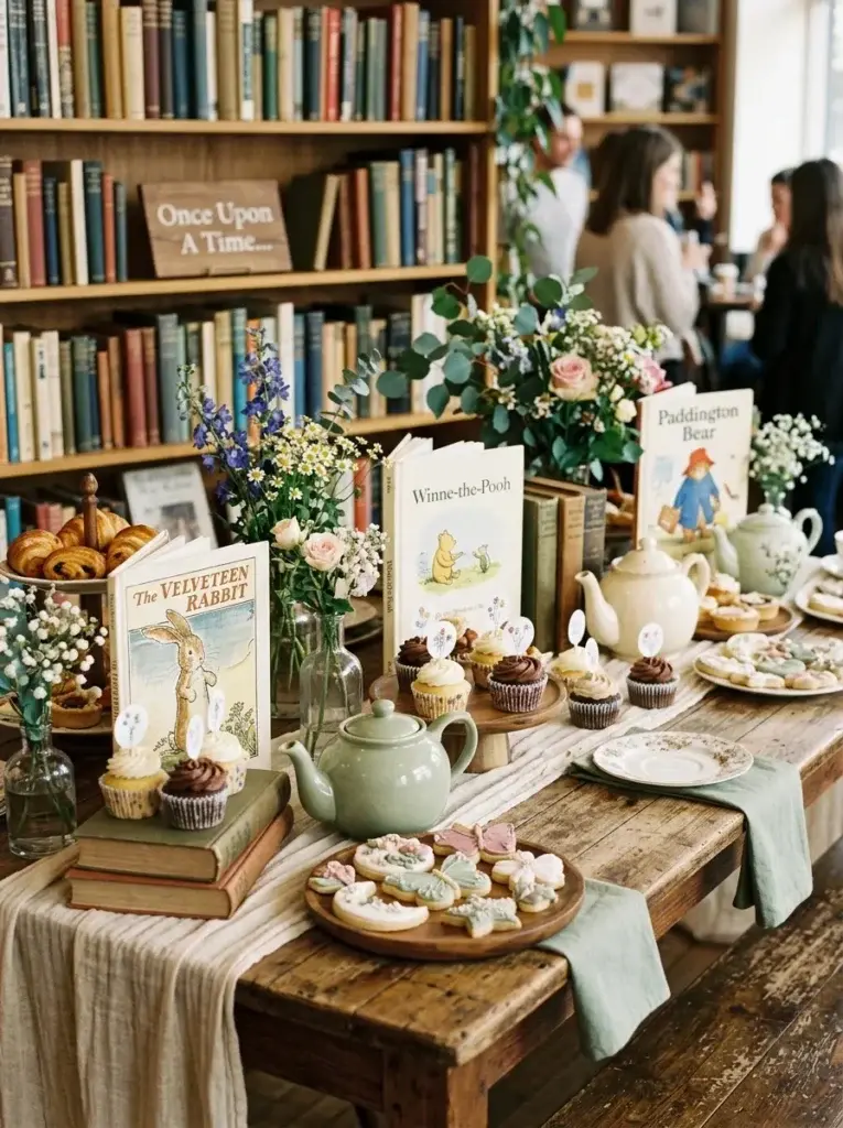 Bookshop café baby shower featuring vintage books, pastries, wildflowers, teapots, and an elegant wooden dessert table.
