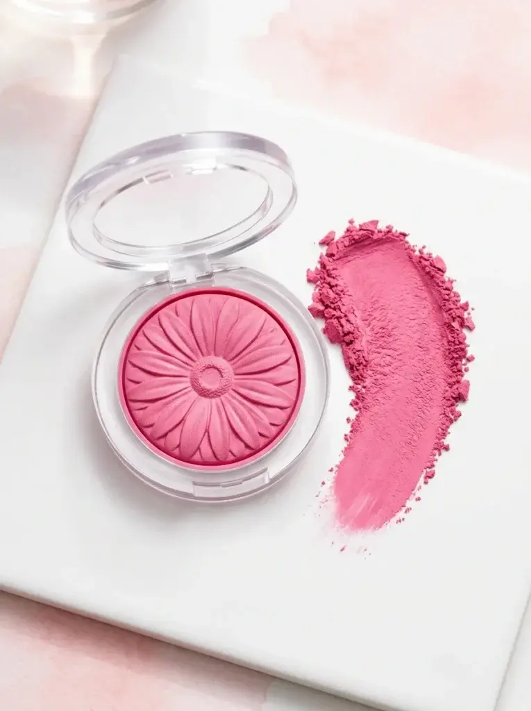 Bright pink pressed blush with a floral powder texture and pink swatch.