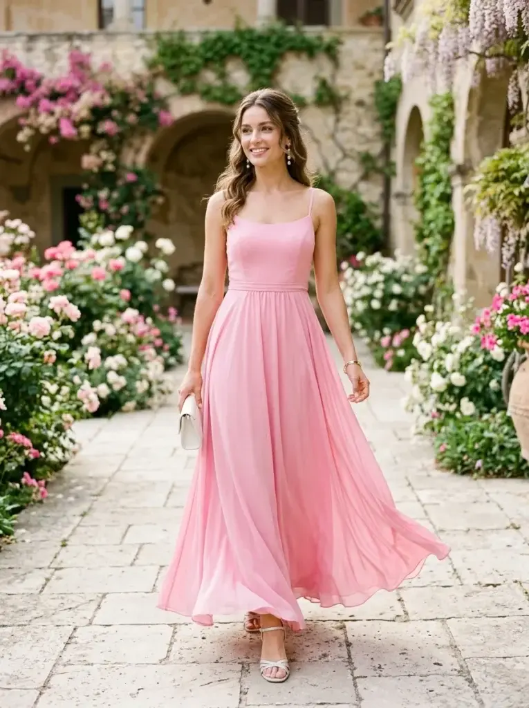 Bubblegum-pink flowing maxi wedding guest dress with pearl earrings and silver sandals in a spring courtyard.