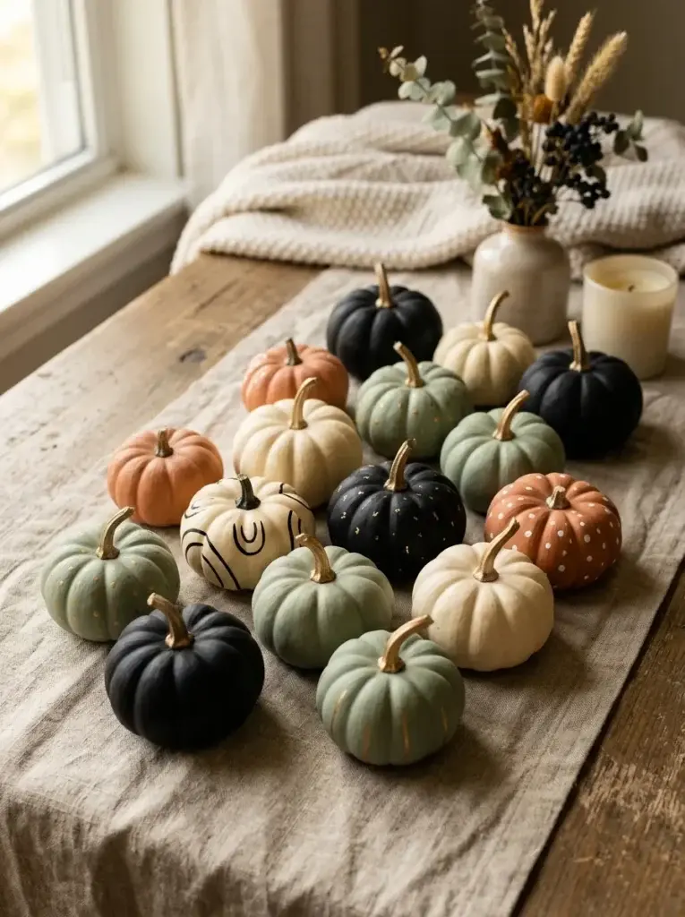 Budget-friendly faux pumpkins painted in black, ivory, sage green, and muted orange.