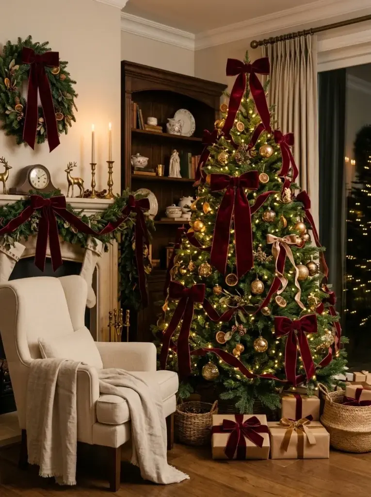 Burgundy velvet bows decorate an evergreen Christmas tree and matching wreath in a sophisticated living room with antique-gold ornaments.