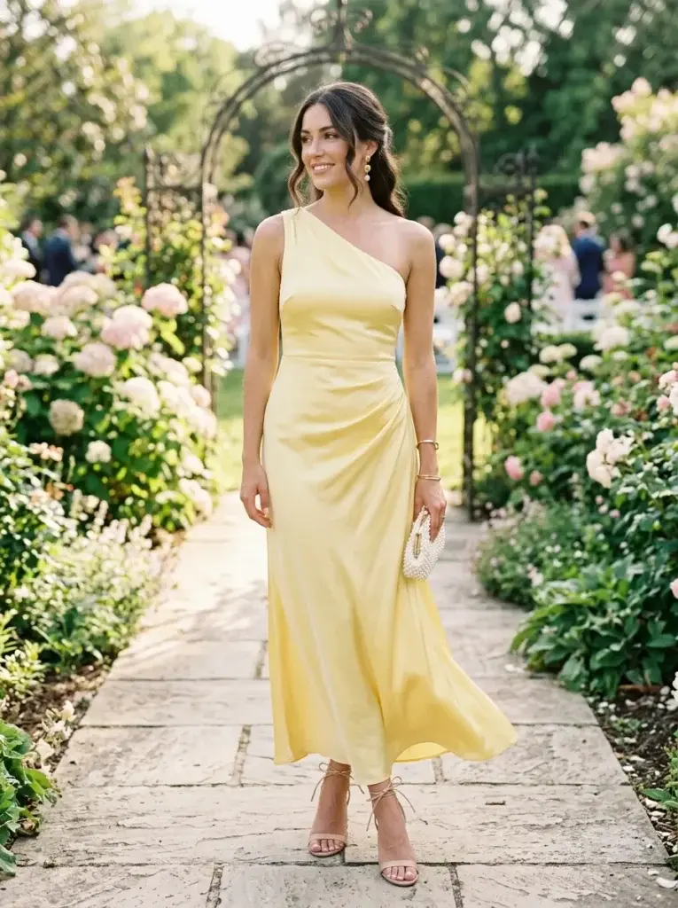 : Butter-yellow one-shoulder satin maxi dress styled with gold earrings and nude heels in a spring wedding garden.
