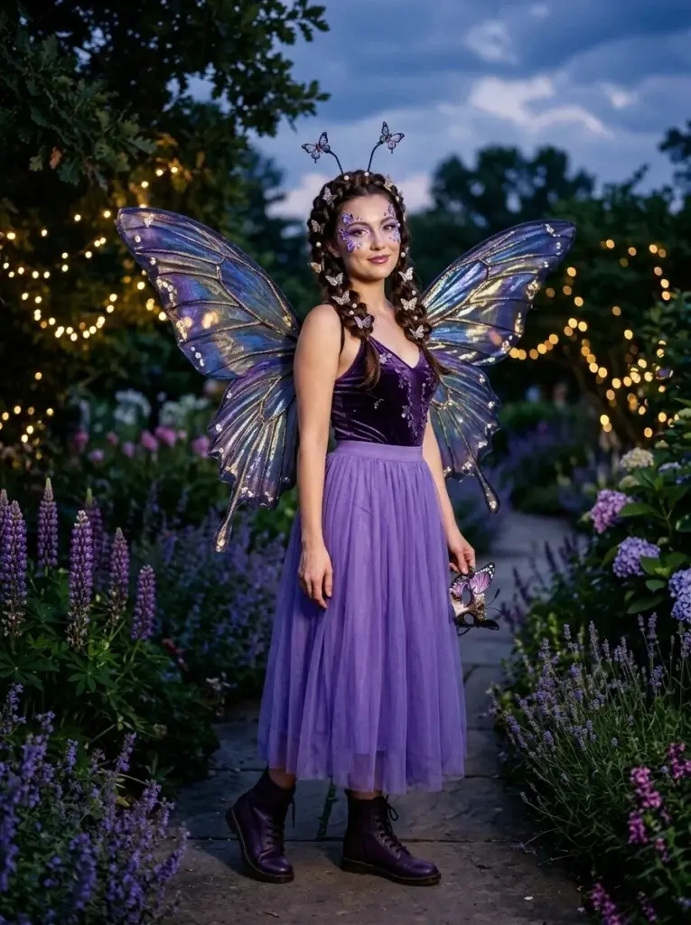 Butterfly solo Halloween costume with iridescent purple wings and shimmering lilac makeup.