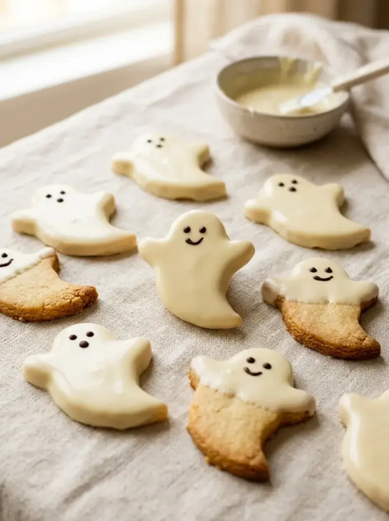 Buttery ghost-shaped shortbread cookies coated in white chocolate and decorated with small dark chocolate faces.