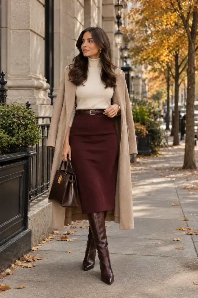A woman walking on a city sidewalk wearing a long camel coat, cream turtleneck, burgundy pencil skirt, and brown leather boots, holding a dark brown handbag.