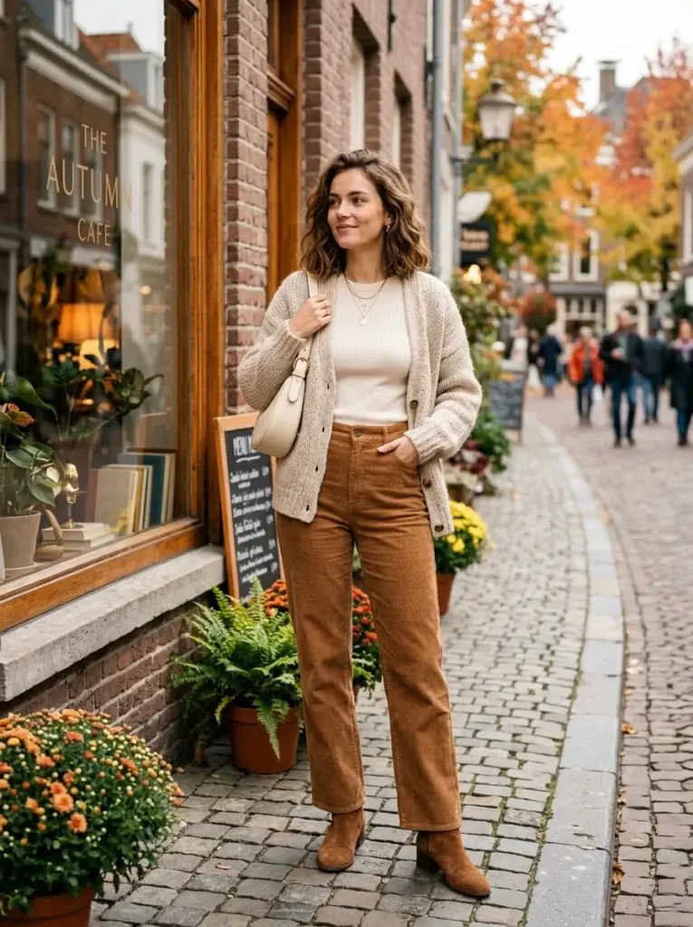 Caramel-brown corduroy pants with an ivory top, chunky oatmeal cardigan, and brown suede ankle boots.