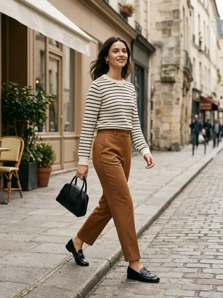 Caramel-brown tailored trousers with a cream-and-black striped sweater, black loafers, and a structured handbag.