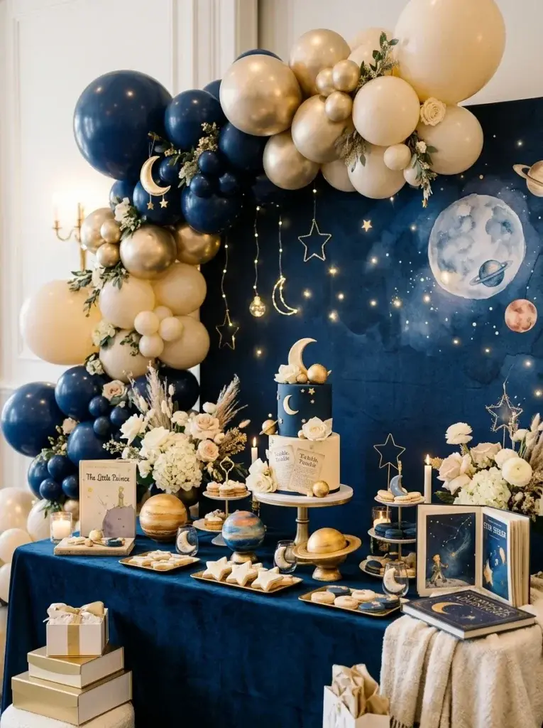 Celestial storybook baby shower with navy blue decorations, golden planets, crescent moons, and vintage books